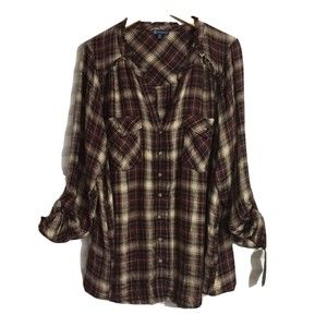 Democracy Women’s Plaid Button Up Long Tab Sleeve Shirt Blouse Plus Size 2X NEW